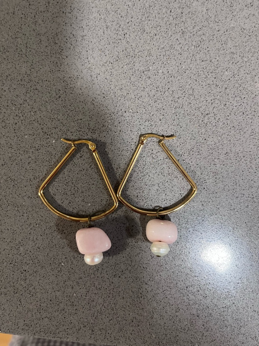 Gold Hoop Earrings with Rose Quartz  and Pearl Drop
